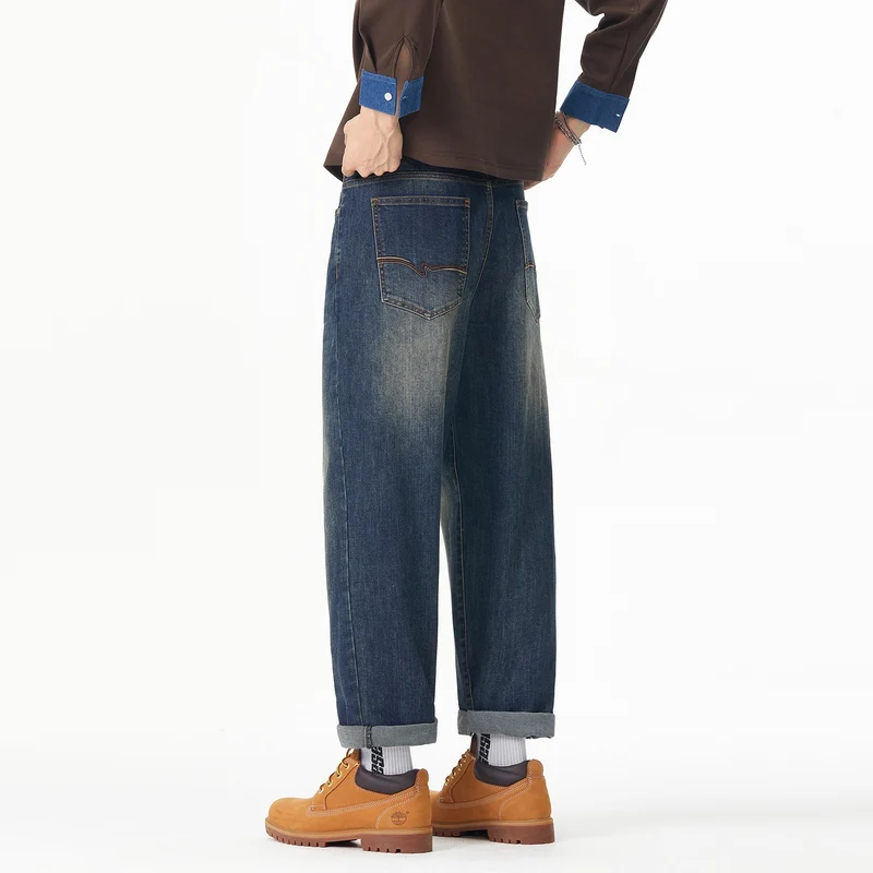 Herren Weite gerade geschnittene Denim-Jeans mit Used‑Wash und Umschlagbund Drune