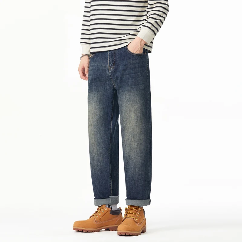 Herren Weite gerade geschnittene Denim-Jeans mit Used‑Wash und Umschlagbund Drune