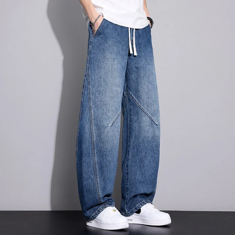 Herren Weite Baggy-Jeanshose mit Tunnelzugbund, markanten Teilungsnähten & elastischem Saum Drune