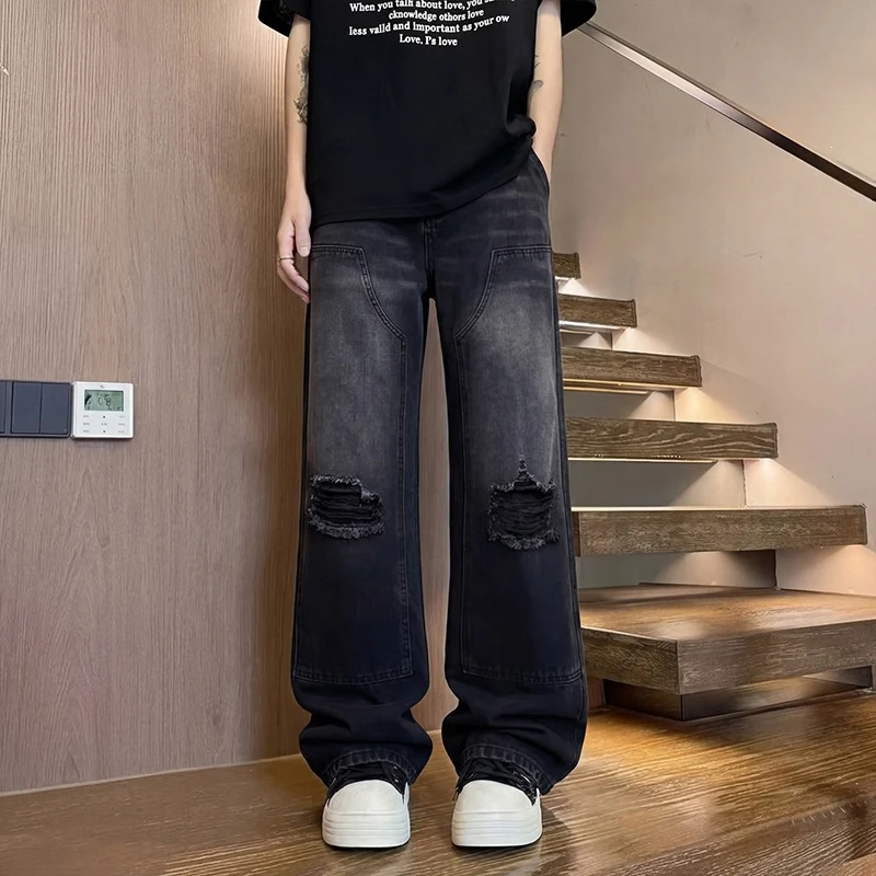 Herren Weite Baggy-Jeans mit Used‑Wash, Knie‑Rips & Utility‑Nähten Drune