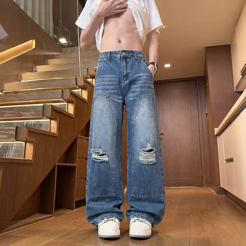 Herren Weite Baggy-Jeans mit Used‑Wash, Knie‑Rips & Utility‑Nähten Drune