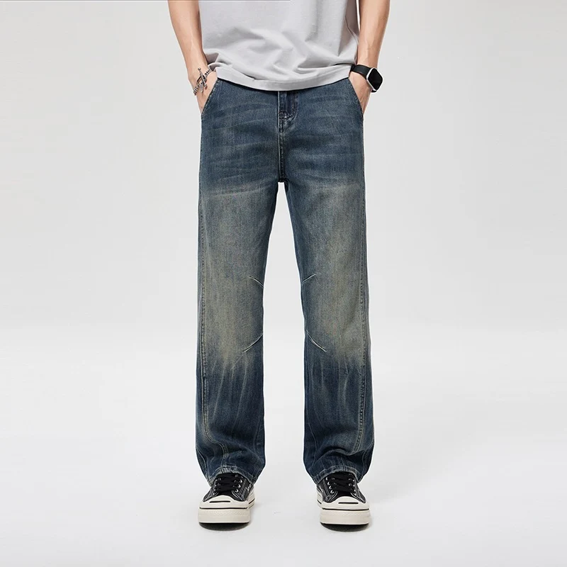 Herren Weite Baggy-Jeans im Vintage‑Wash mit Knie‑Detail Drune
