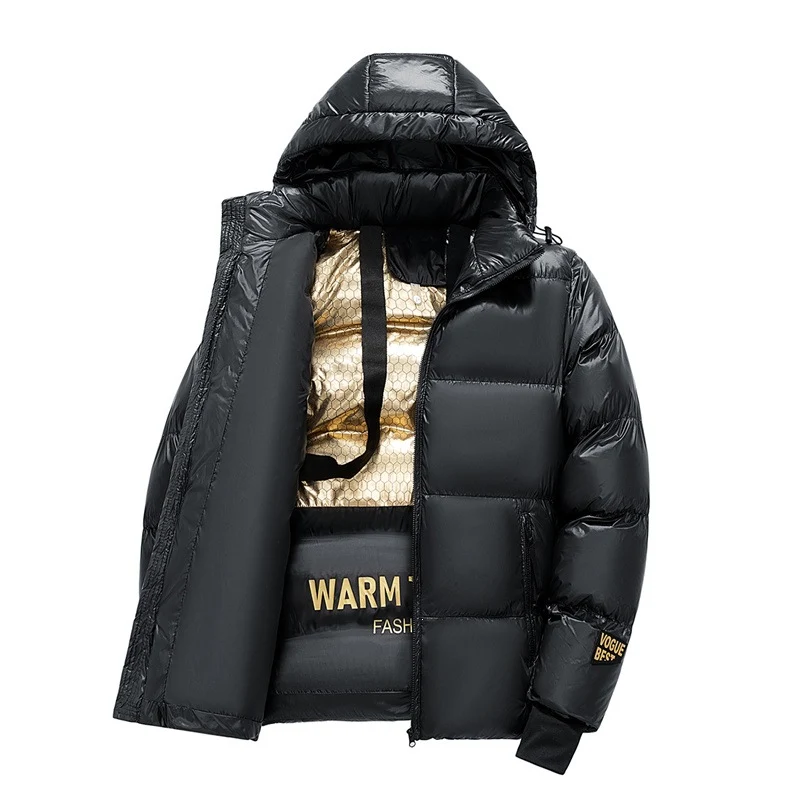 Herren Wattierte Steppjacke mit Kapuze, Thermo‑Isolierung & goldbedrucktem Innenfutter Drune