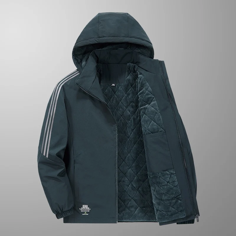 Herren Wattierte Kapuzen-Übergangsjacke mit gesteppter Teddy-Innenfütterung und markanten Ärmellängsstreifen Drune