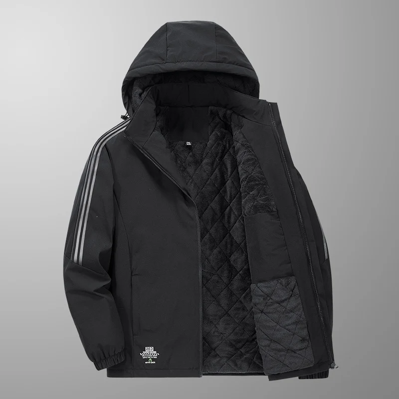 Herren Wattierte Kapuzen-Übergangsjacke mit gesteppter Teddy-Innenfütterung und markanten Ärmellängsstreifen Drune