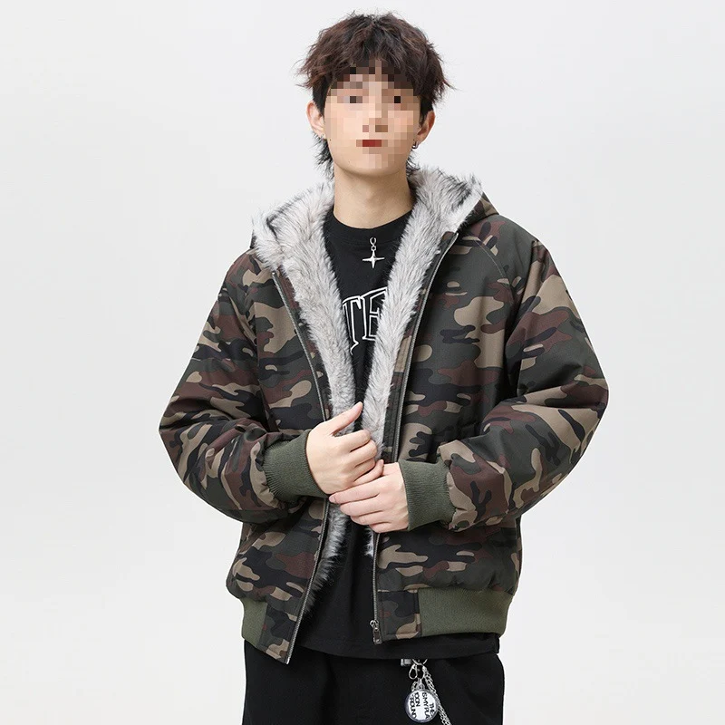 Herren Wattierte Kapuzen‑Bomberjacke im Oversize‑Look mit kontrastierendem Kunstfellfutter Drune