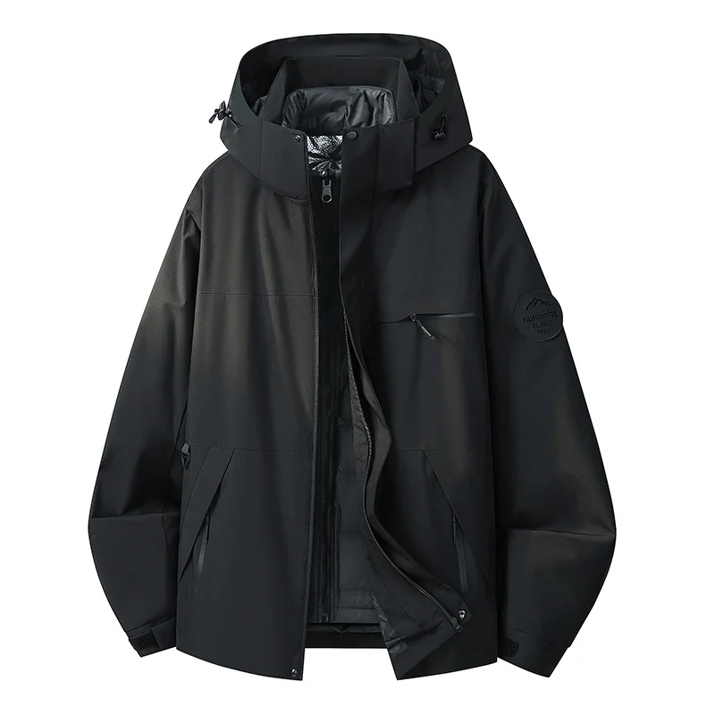 Herren Wasserdichte Outdoor-Softshelljacke mit Kapuze, hohem Stehkragen & Reißverschlusstaschen Drune