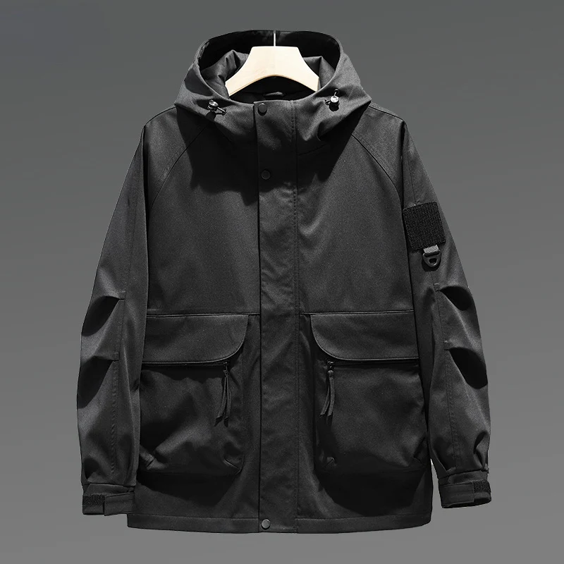 Herren Wasserabweisende Utility-Jacke mit Kapuze, verdecktem Reißverschluss & multifunktionalen Taschen Drune