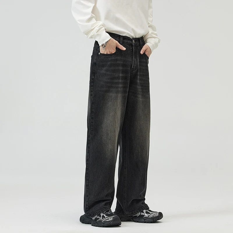 Herren Weite Relaxed-Jeans mit hohem Bund Used-Waschung und geradem Bein Drune