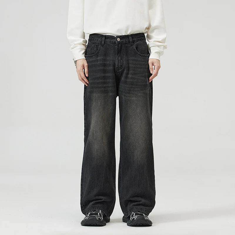 Herren Weite Relaxed-Jeans mit hohem Bund Used-Waschung und geradem Bein Drune