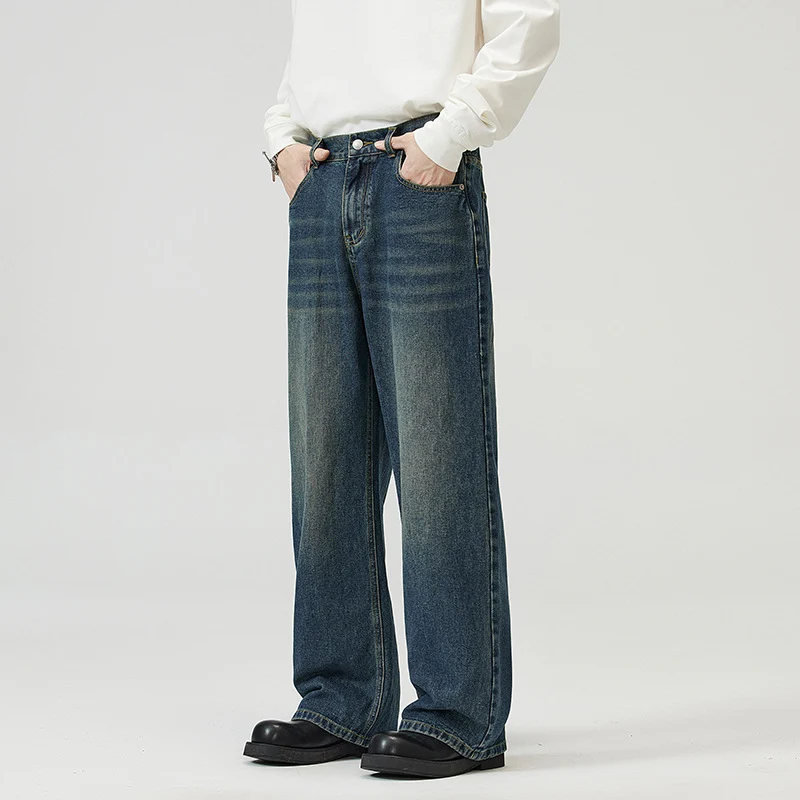 Herren Weite Relaxed-Jeans mit hohem Bund Used-Waschung und geradem Bein Drune
