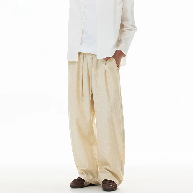 Herren Weite Leinen-Baumwoll-Hose mit Kordelzug und Taschen Drune