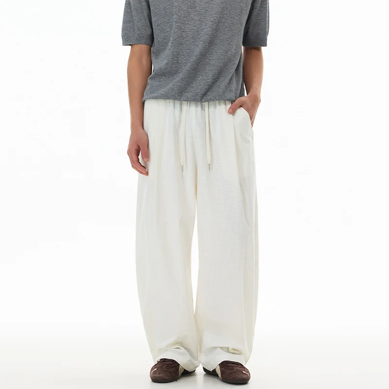 Herren Weite Leinen-Baumwoll-Hose mit Kordelzug und Taschen Drune