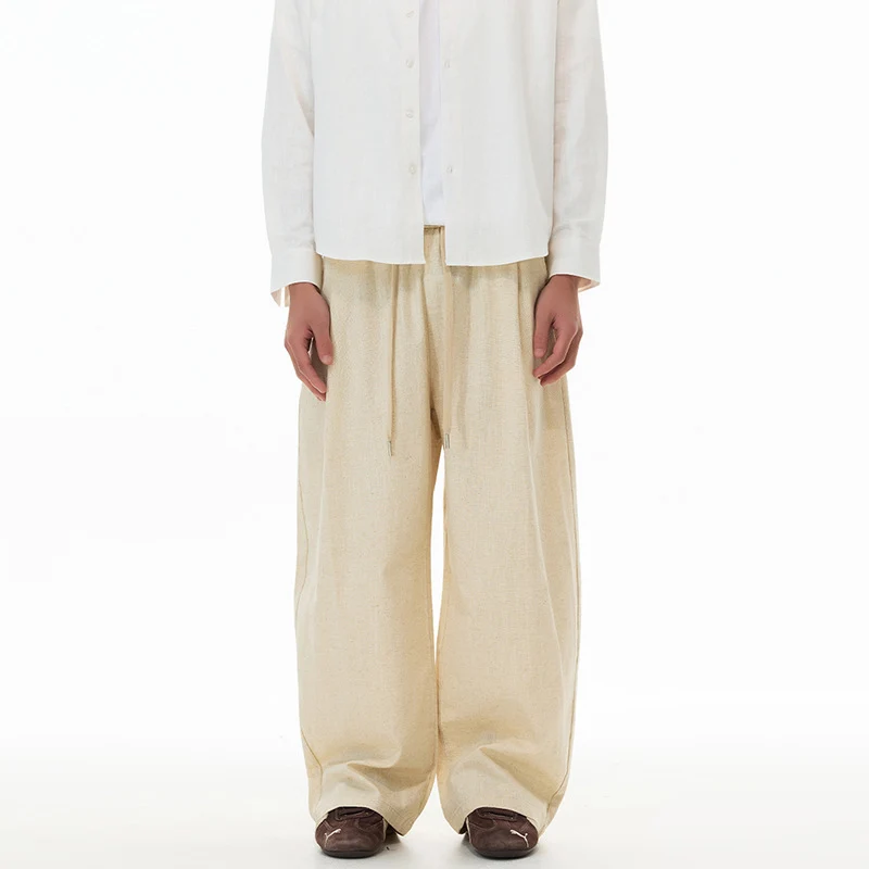 Herren Weite Leinen-Baumwoll-Hose mit Kordelzug und Taschen Drune