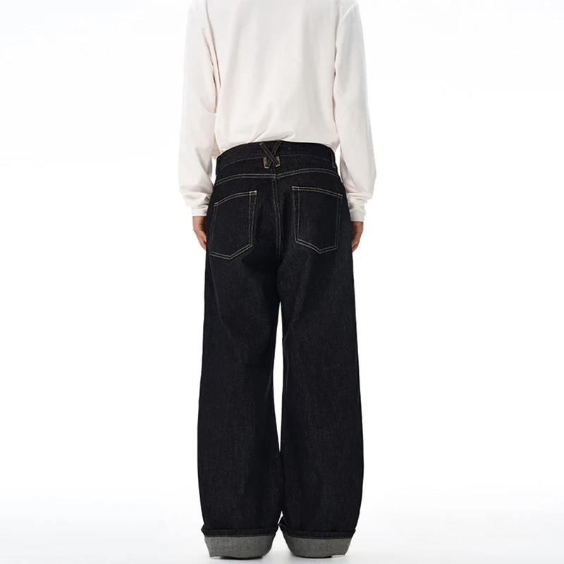 Herren Weite gerade geschnittene Selvedge-Denimhose mit Umschlag Drune