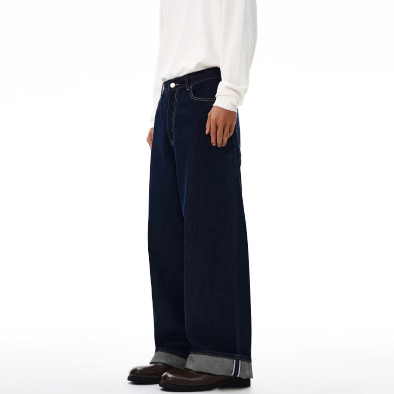 Herren Weite gerade geschnittene Selvedge-Denimhose mit Umschlag Drune