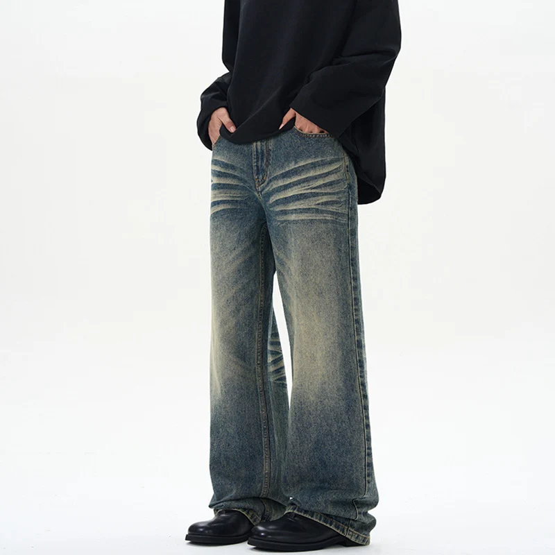 Herren Weite Denim-Jeans im Vintage-Whisker-Look mit horizontalen Falten und bodenlangem Saum Drune