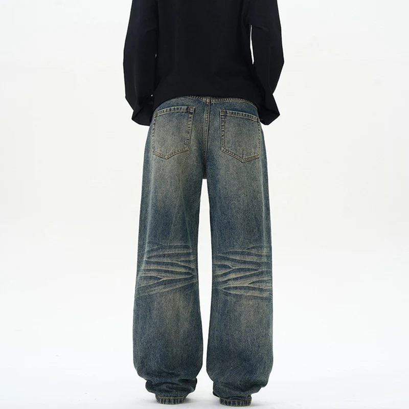 Herren Weite Denim-Jeans im Vintage-Whisker-Look mit horizontalen Falten und bodenlangem Saum Drune