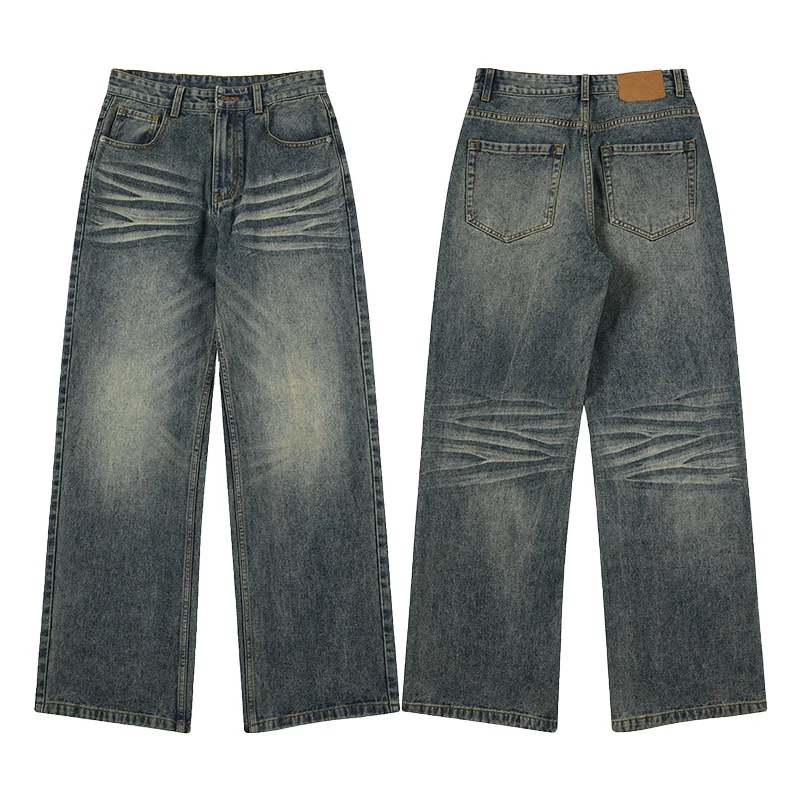 Herren Weite Denim-Jeans im Vintage-Whisker-Look mit horizontalen Falten und bodenlangem Saum Drune