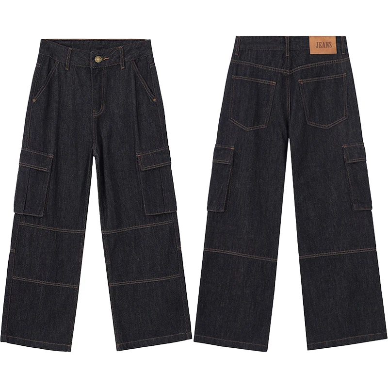 Herren Weite Denim-Cargo-Palazzohose mit Paneelnähten, Klappentaschen und rohem Finish Drune