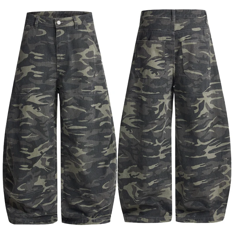 Herren Weite Camouflage-Baggy-Hose mit niedriger Bundlinie und Knie-Patchtaschen Drune