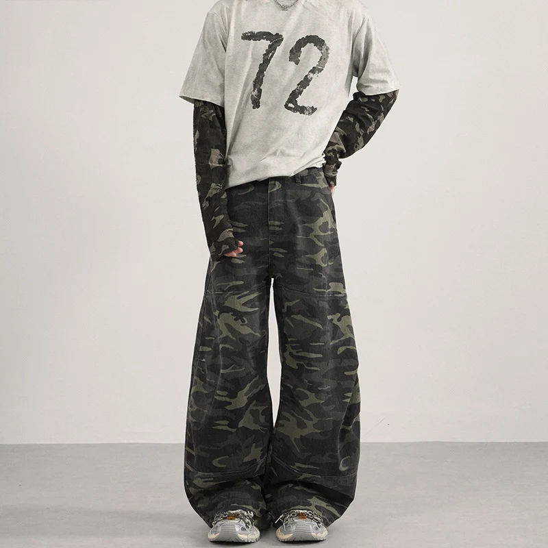 Herren Weite Camouflage-Baggy-Hose mit niedriger Bundlinie und Knie-Patchtaschen Drune
