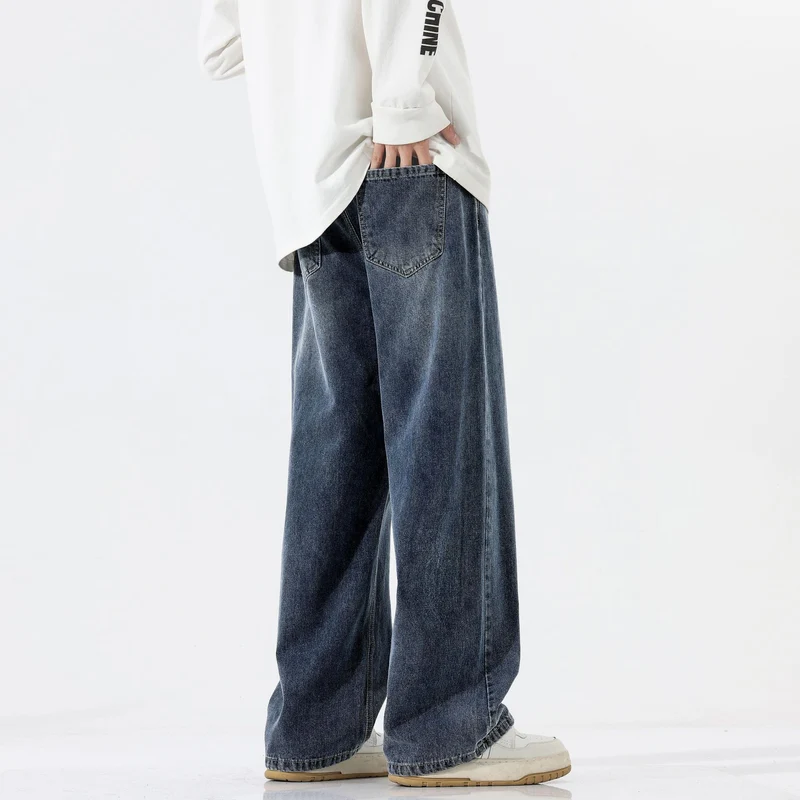 Herren Weite Bodenlange Denim‑Palazzohose mit verlängertem Saum und soften Used‑Akzenten Drune