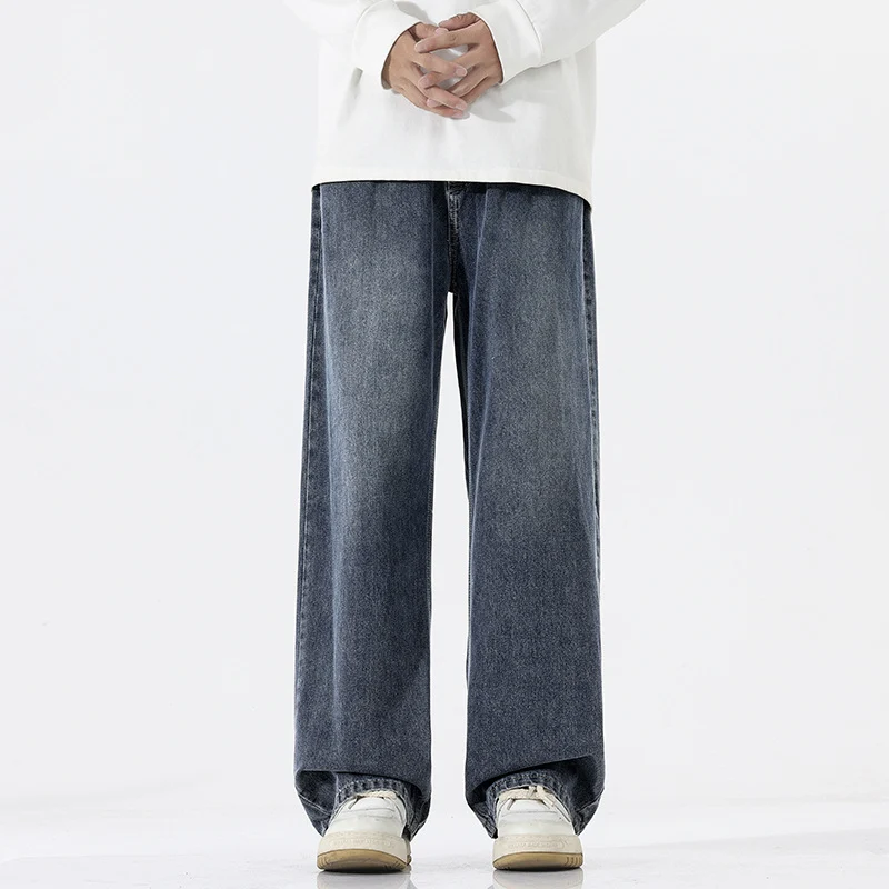 Herren Weite Bodenlange Denim‑Palazzohose mit verlängertem Saum und soften Used‑Akzenten Drune