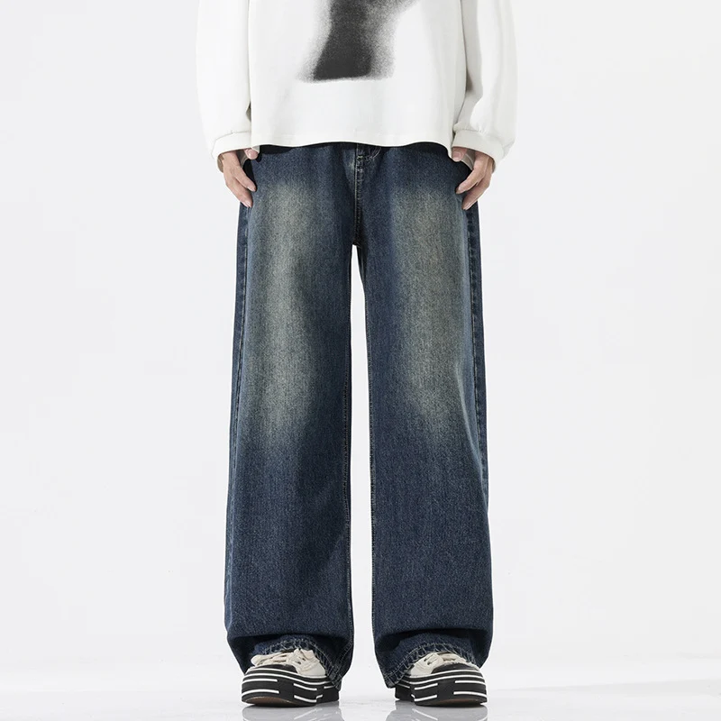 Herren Weite Bodenlange Denim‑Palazzohose mit verlängertem Saum und soften Used‑Akzenten Drune
