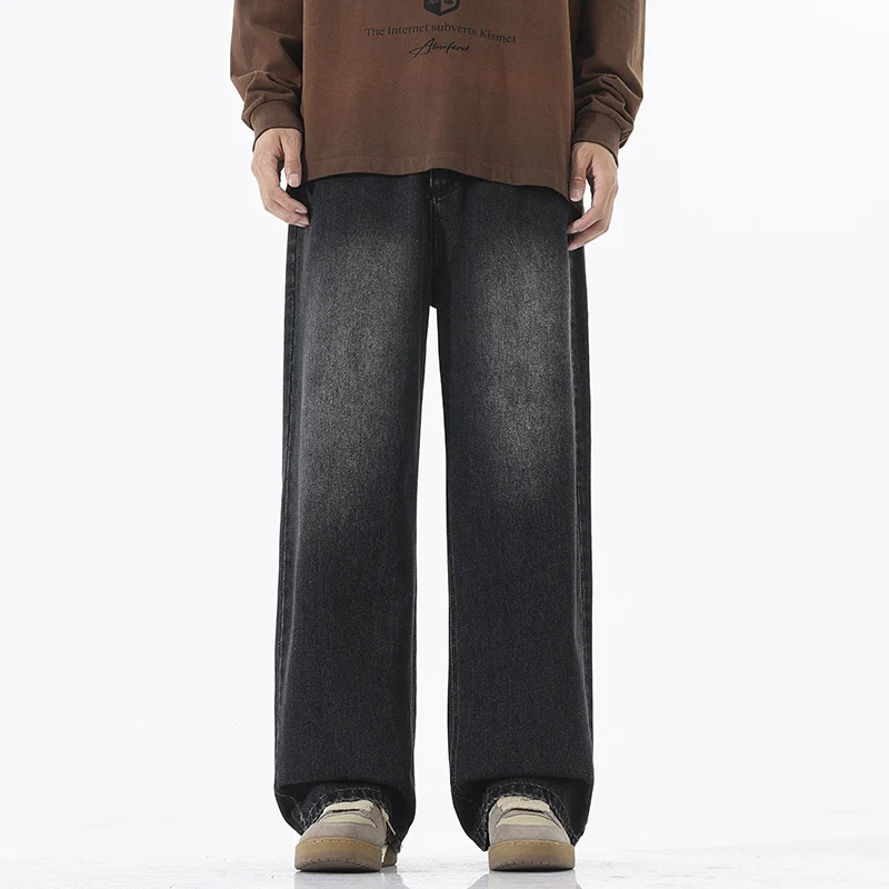 Herren Weite Bodenlange Denim‑Palazzohose mit verlängertem Saum und soften Used‑Akzenten Drune