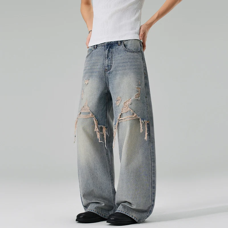 Herren Weite Baggy-Jeans aus Denim mit ausgefransten Vorderpanelen Drune