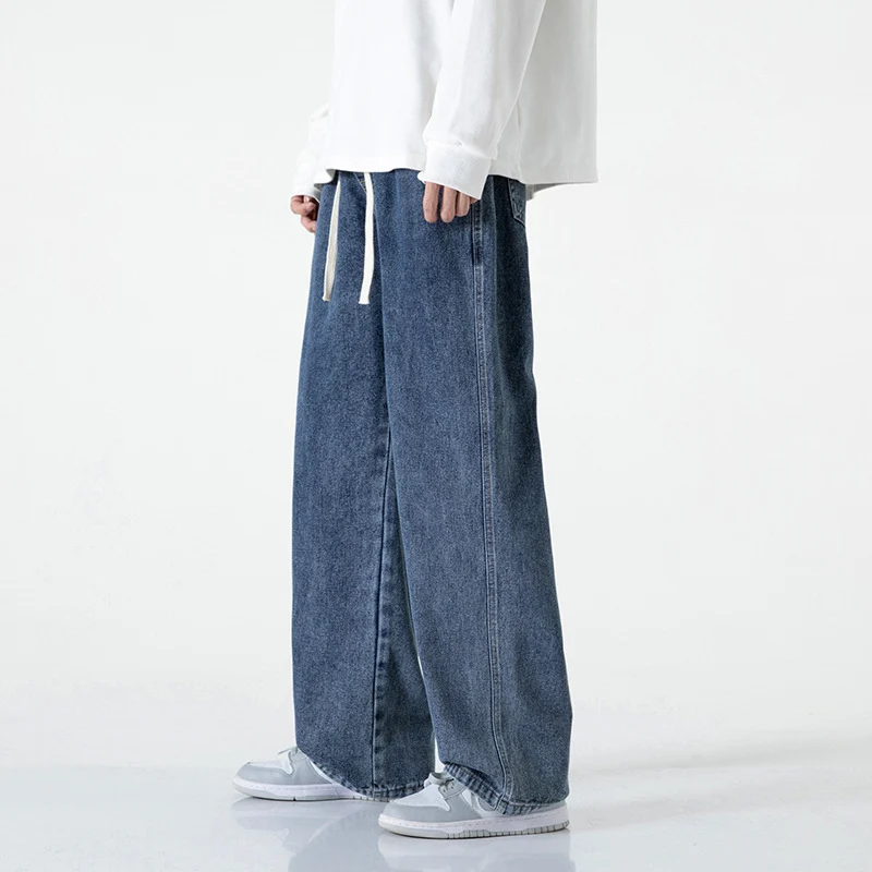 Herren Weitbeinige Denim-Baggyhose mit Tunnelzugbund und geradem Saum Drune