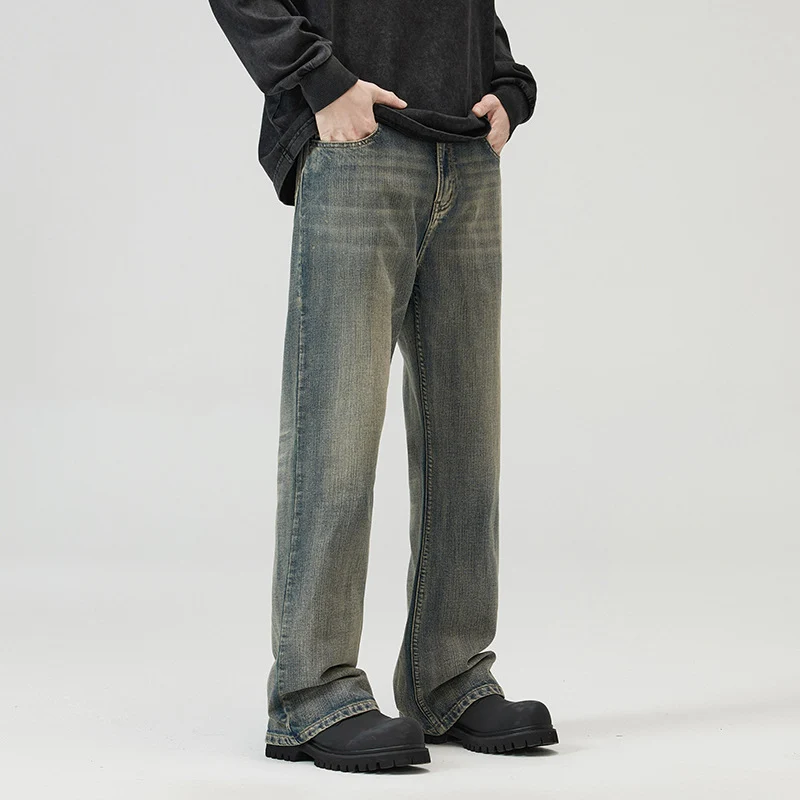 Herren Weit geschnittene Relaxed-Denimhose aus Vintage-Denim mit tiefem Schritt und leichter Used-Waschung Drune