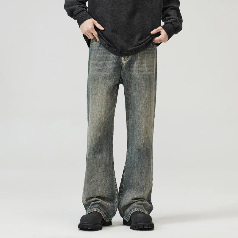 Herren Weit geschnittene Relaxed-Denimhose aus Vintage-Denim mit tiefem Schritt und leichter Used-Waschung Drune