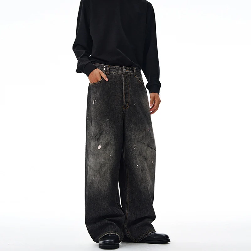 Herren Weit geschnittene Denim-Hose im bodenlangen Baggy-Stil mit dezenter Paint-Splatter-Optik Drune