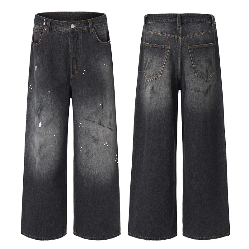 Herren Weit geschnittene Denim-Hose im bodenlangen Baggy-Stil mit dezenter Paint-Splatter-Optik Drune