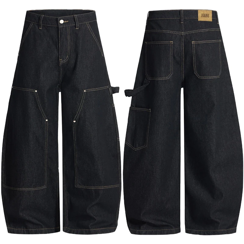Herren Weit geschnittene Carpenter‑Denim‑Palazzohose mit markanten Nahtpaneelen Drune
