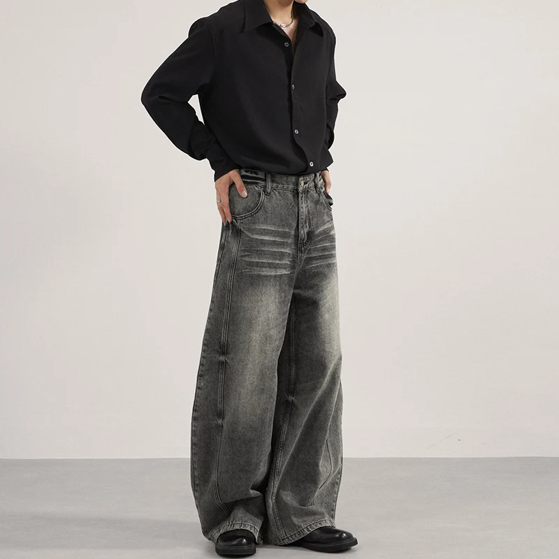 Herren Ultraweite vintagegewaschene Denim-Palazzohose mit tiefem Schritt und geradem Saum Drune