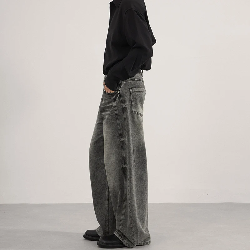 Herren Ultraweite vintagegewaschene Denim-Palazzohose mit tiefem Schritt und geradem Saum Drune