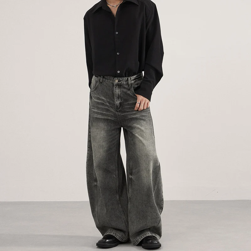 Herren Ultraweite vintagegewaschene Denim-Palazzohose mit tiefem Schritt und geradem Saum Drune