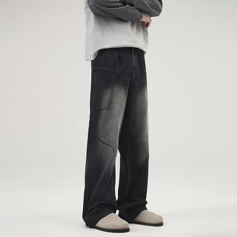 Herren Ultraweite Stonewashed-Denim-Palazzo-Cargohose mit großen Aufsatztaschen Drune