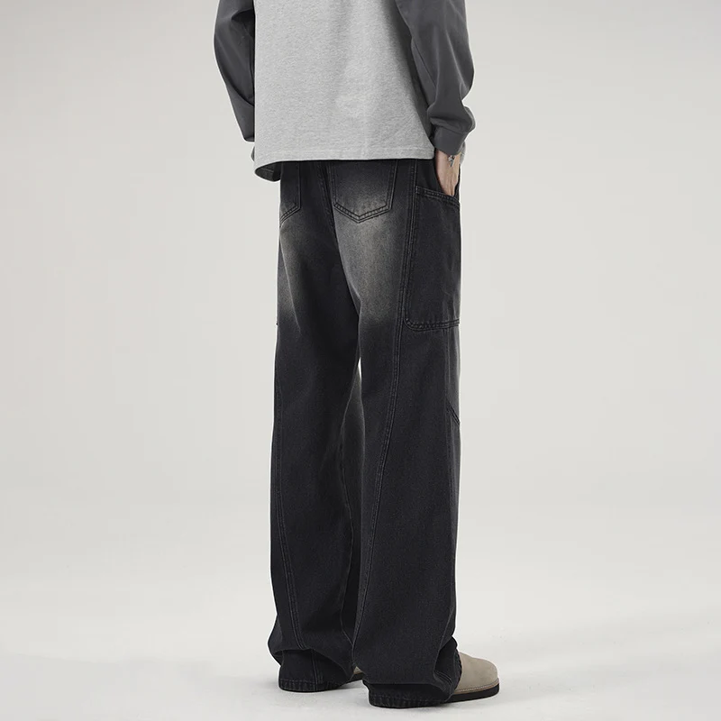 Herren Ultraweite Stonewashed-Denim-Palazzo-Cargohose mit großen Aufsatztaschen Drune