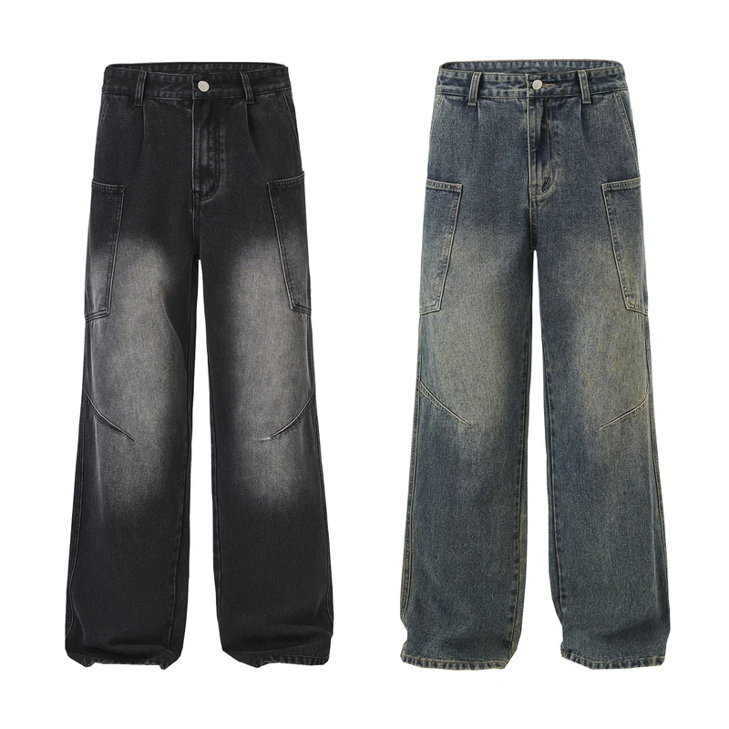 Herren Ultraweite Stonewashed-Denim-Palazzo-Cargohose mit großen Aufsatztaschen Drune