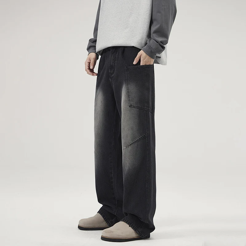 Herren Ultraweite Stonewashed-Denim-Palazzo-Cargohose mit großen Aufsatztaschen Drune