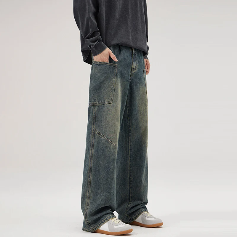 Herren Ultraweite Stonewashed-Denim-Palazzo-Cargohose mit großen Aufsatztaschen Drune