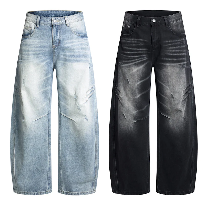 Herren Ultraweite Denim-Palazzohose mit skulpturalen Seitenbahnen und Used‑Effekt Drune