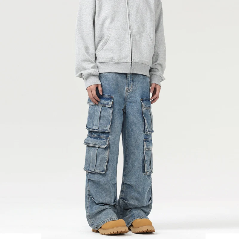 Herren Ultraweite Denim-Cargo-Jeans im Baggy-Cut mit mehrfachen Klappentaschen Drune