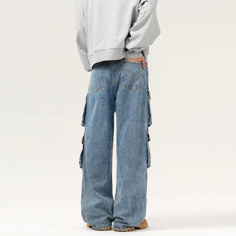 Herren Ultraweite Denim-Cargo-Jeans im Baggy-Cut mit mehrfachen Klappentaschen Drune