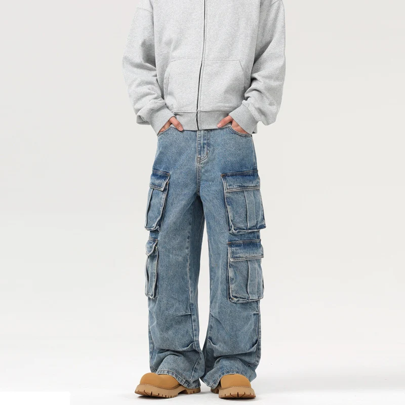 Herren Ultraweite Denim-Cargo-Jeans im Baggy-Cut mit mehrfachen Klappentaschen Drune