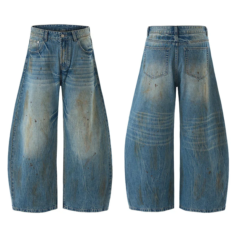 Herren Ultraweite Denim-Baggyhose im Vintage-Look mit Farbpatina und tiefem Schritt Drune